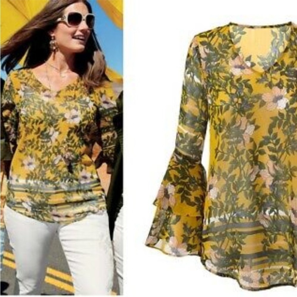 Cabi sheer floral bell sleeve top size S